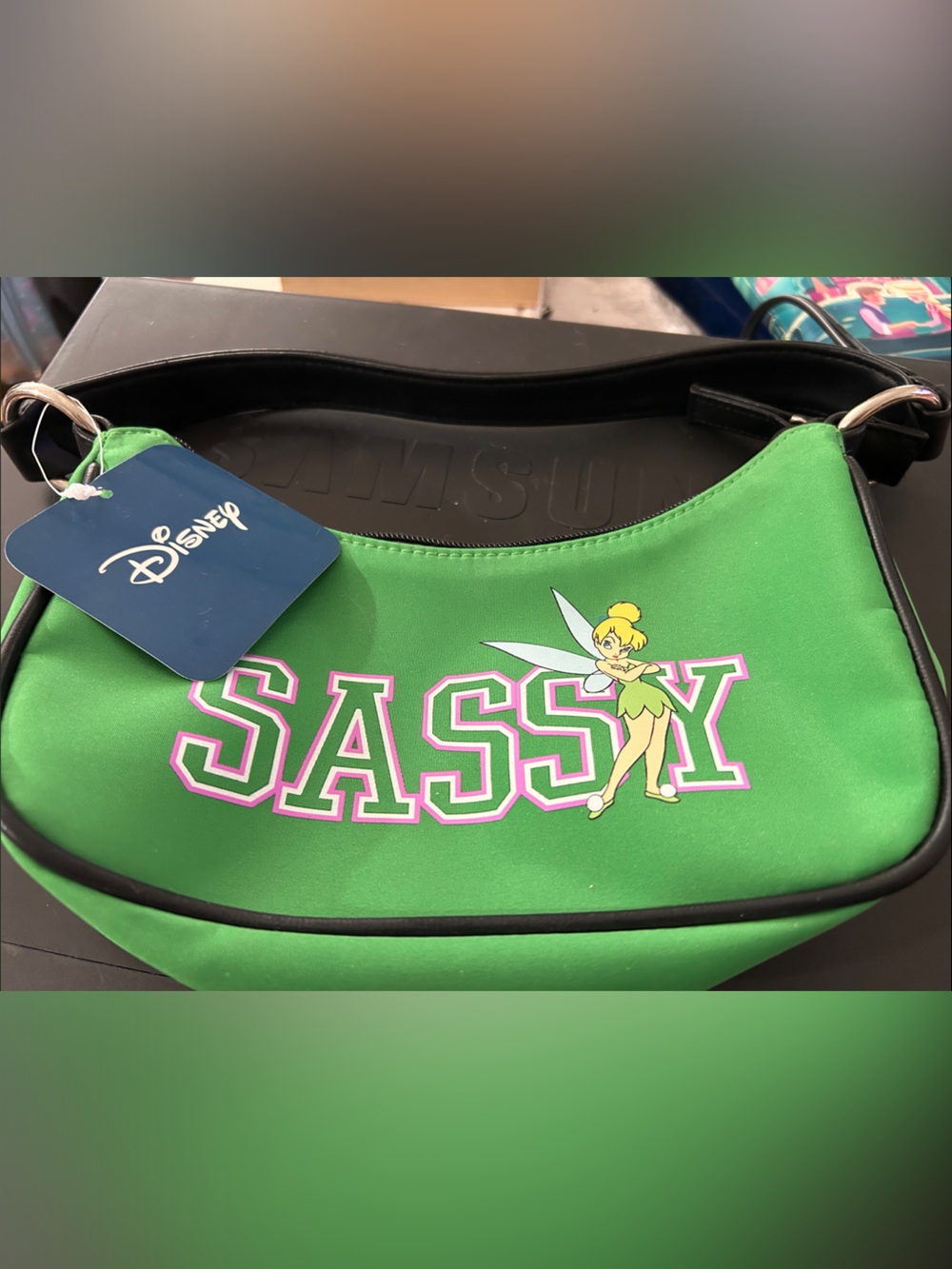 Disney Green Tinker Bell Sassy Shoulder Bag with Pink Lettering